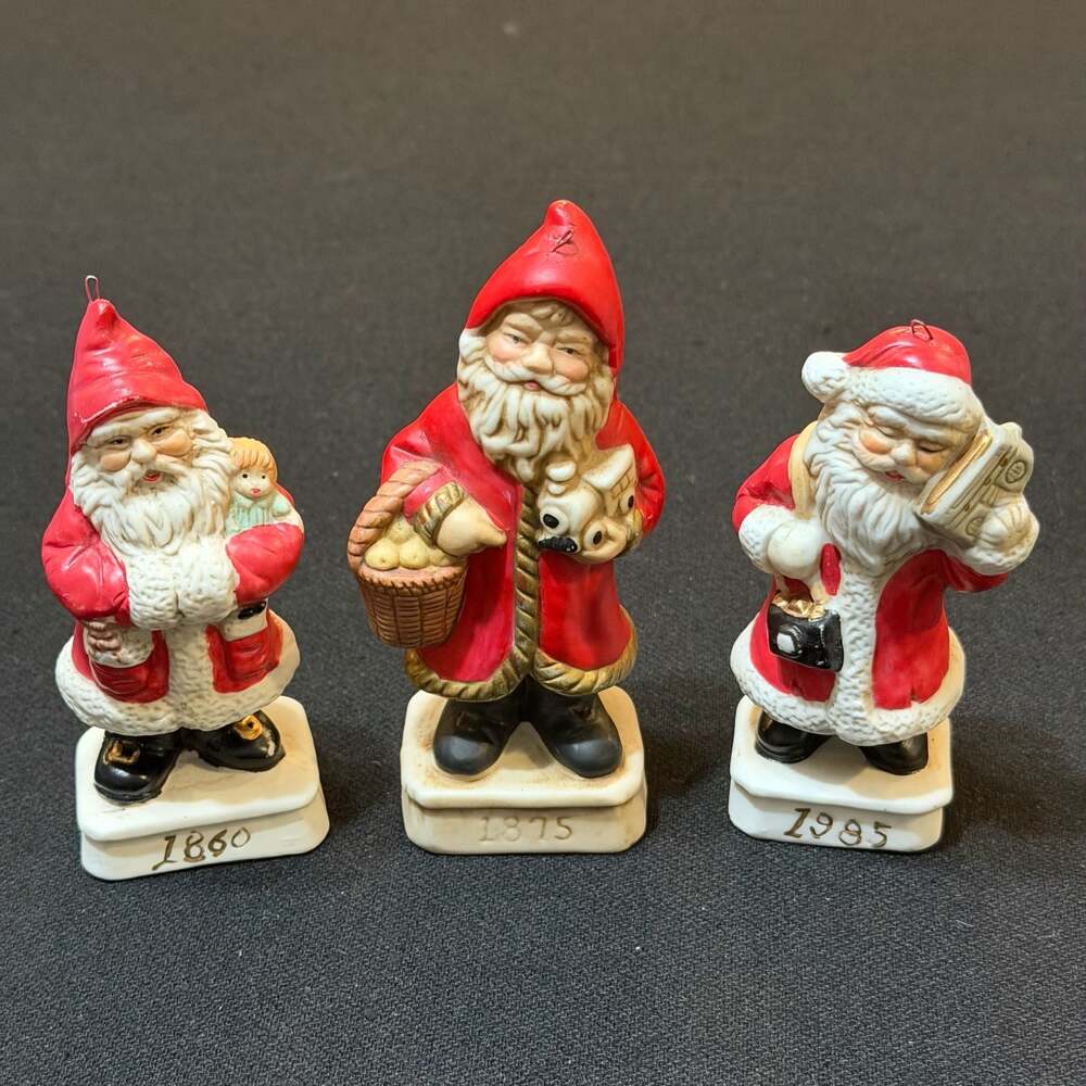 3 Vintage Porcelain Santa Claus Decades Christmas Ornaments 1860, 1875, & 1985